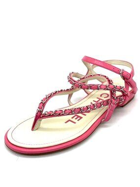 CHANEL 19P Leather Chain Strappy Thong Flat Sandals Shoes